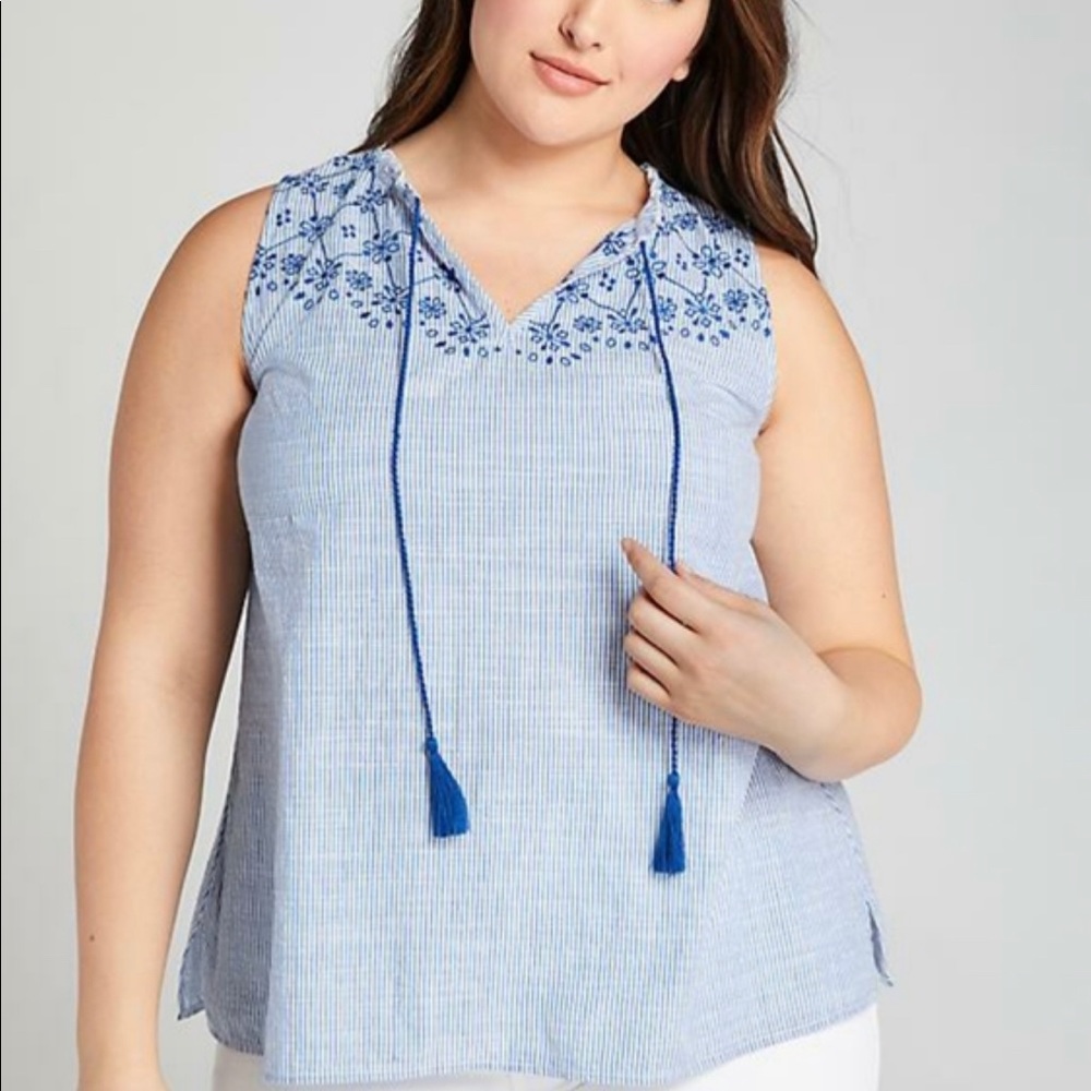 Lane Bryant Blue & White Pinstripe Embroidered Top
